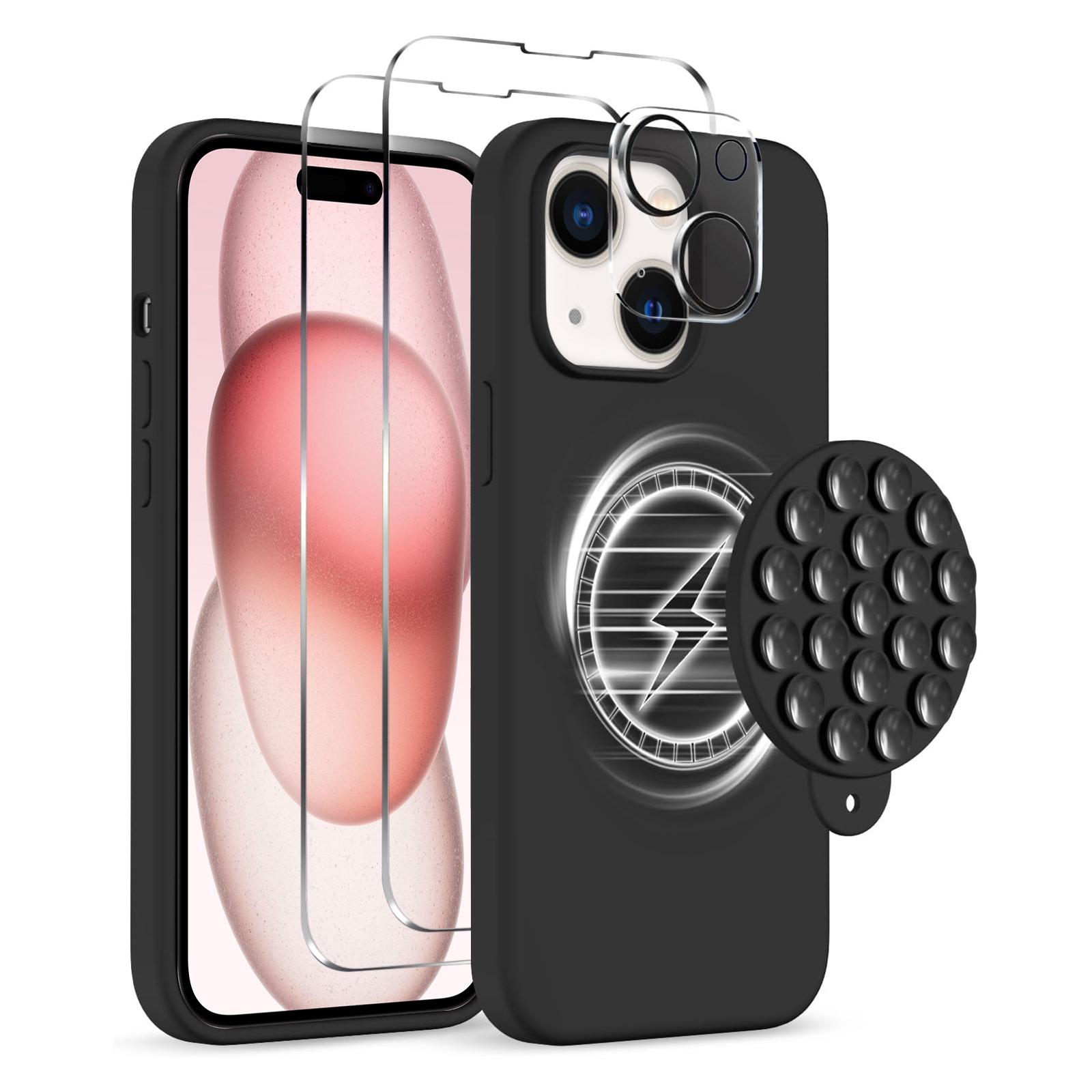For iPhone 15 Plus Silicone Suction Cup MagSafe Phone Case with Screen Film & Lens Film(Black) - Shopkiz.com