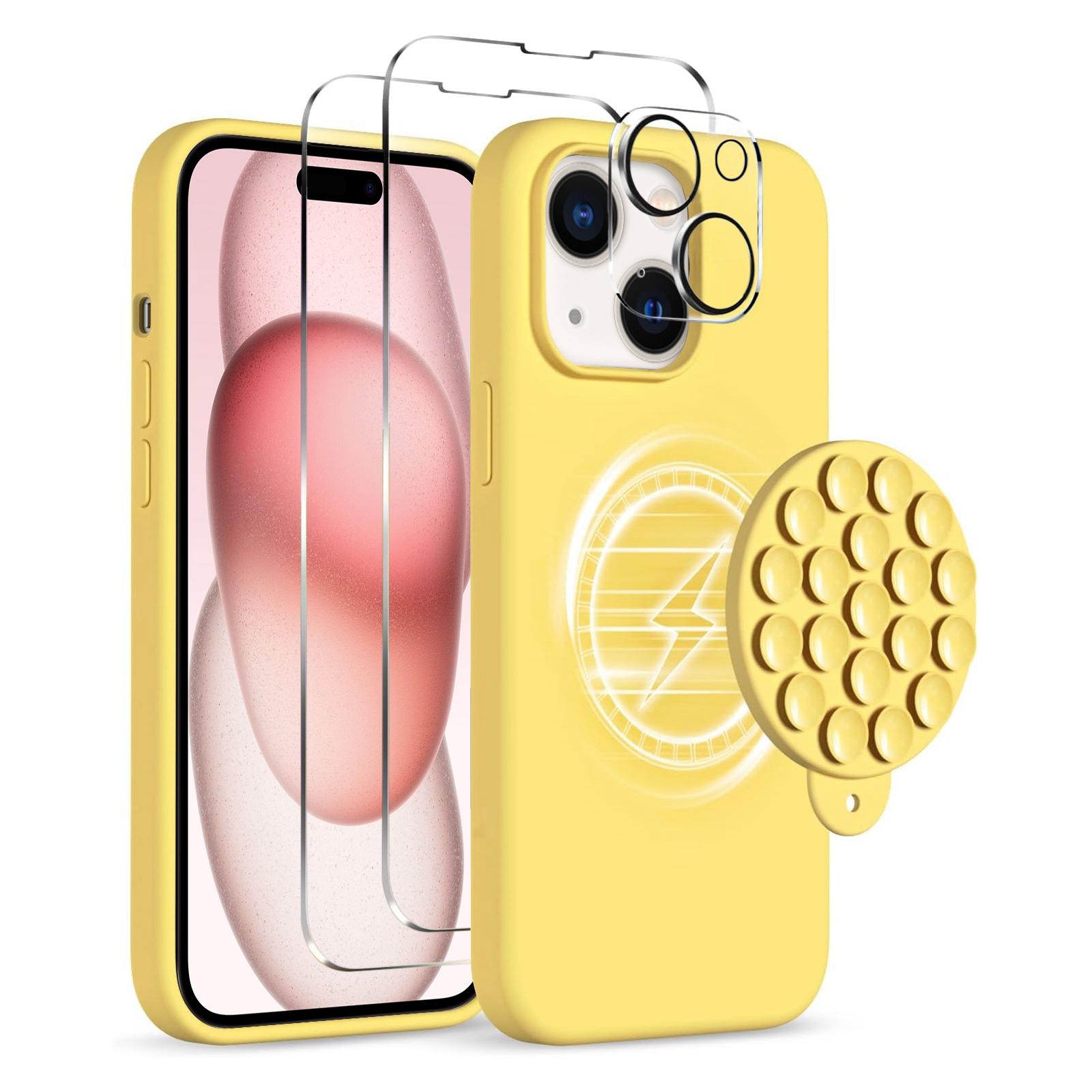 For iPhone 15 Plus Silicone Suction Cup MagSafe Phone Case with Screen Film & Lens Film(Yellow) - Shopkiz.com