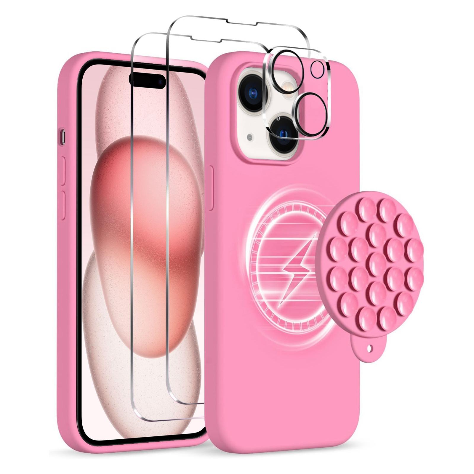 For iPhone 15 Plus Silicone Suction Cup MagSafe Phone Case with Screen Film & Lens Film(Soft Pink) - Shopkiz.com