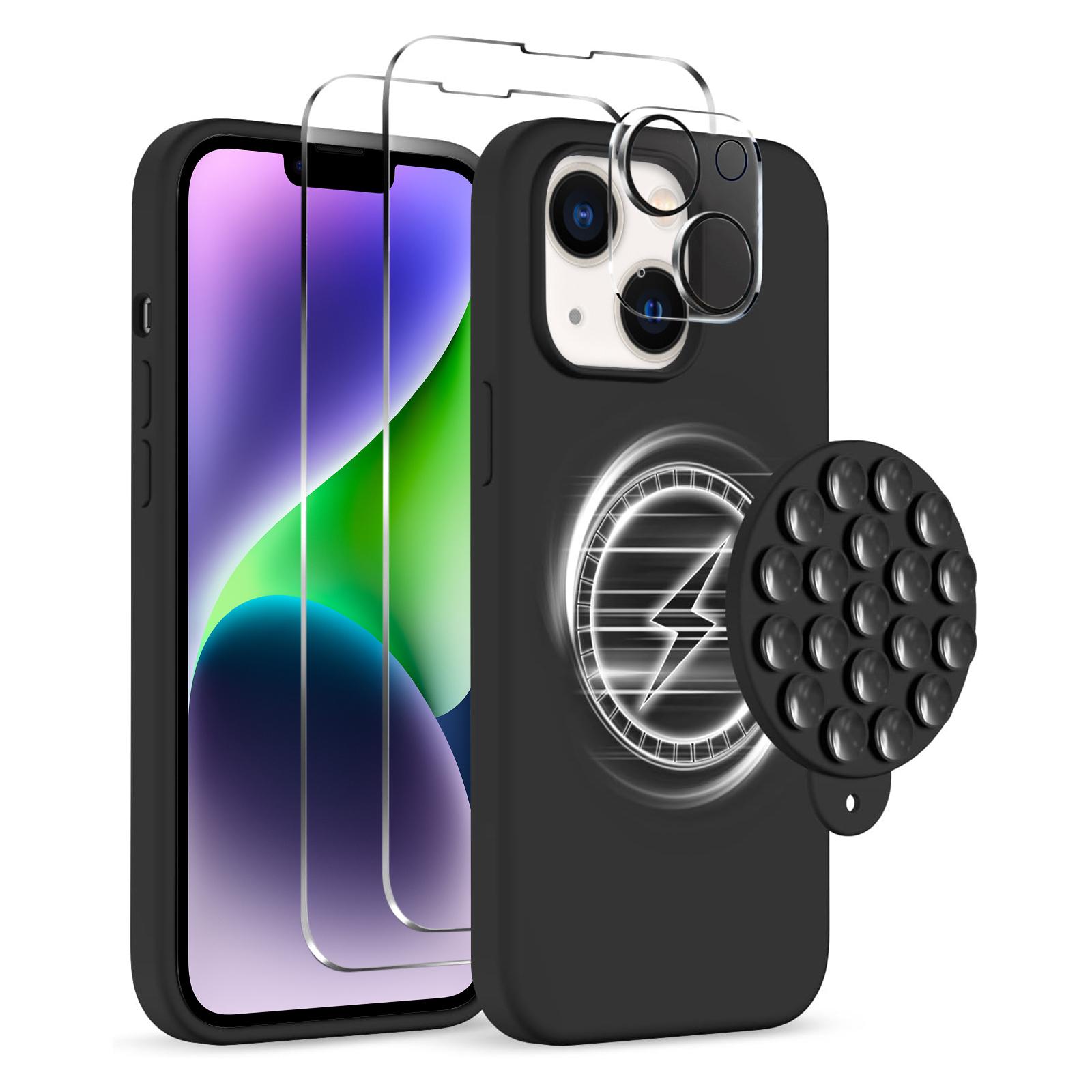 For iPhone 14 Plus Silicone Suction Cup MagSafe Phone Case with Screen Film & Lens Film(Black) - Shopkiz.com