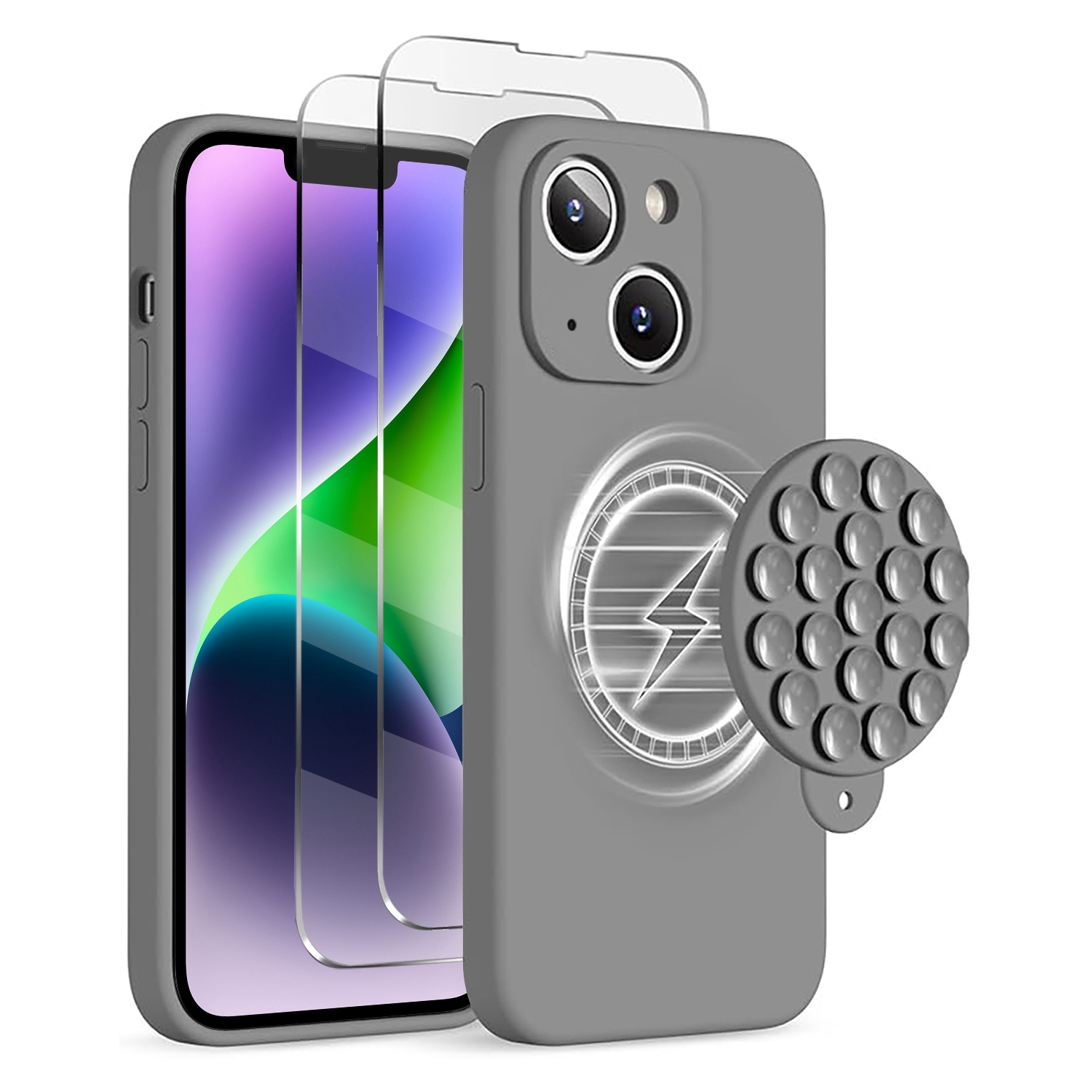 For iPhone 14 Plus Silicone Suction Cup MagSafe Phone Case with Screen Film & Lens Film(Grey) - Shopkiz.com
