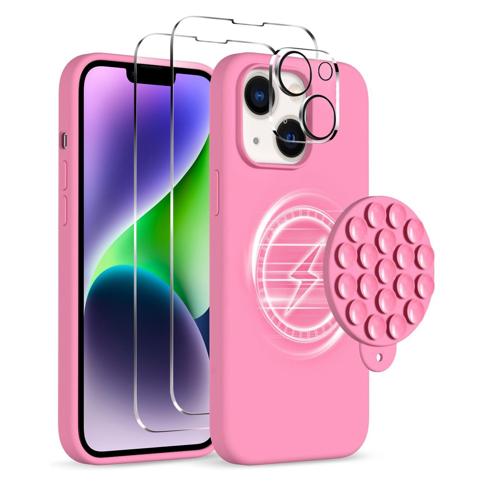 For iPhone 14 Silicone Suction Cup MagSafe Phone Case with Screen Film & Lens Film(Soft Pink) - Shopkiz.com