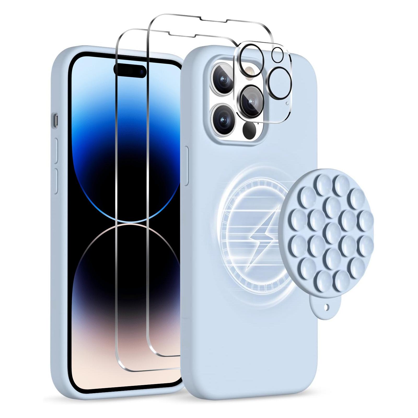 For iPhone 14 Pro Max Silicone Suction Cup MagSafe Phone Case with Screen Film & Lens Film(Sierra Blue) - Shopkiz.com