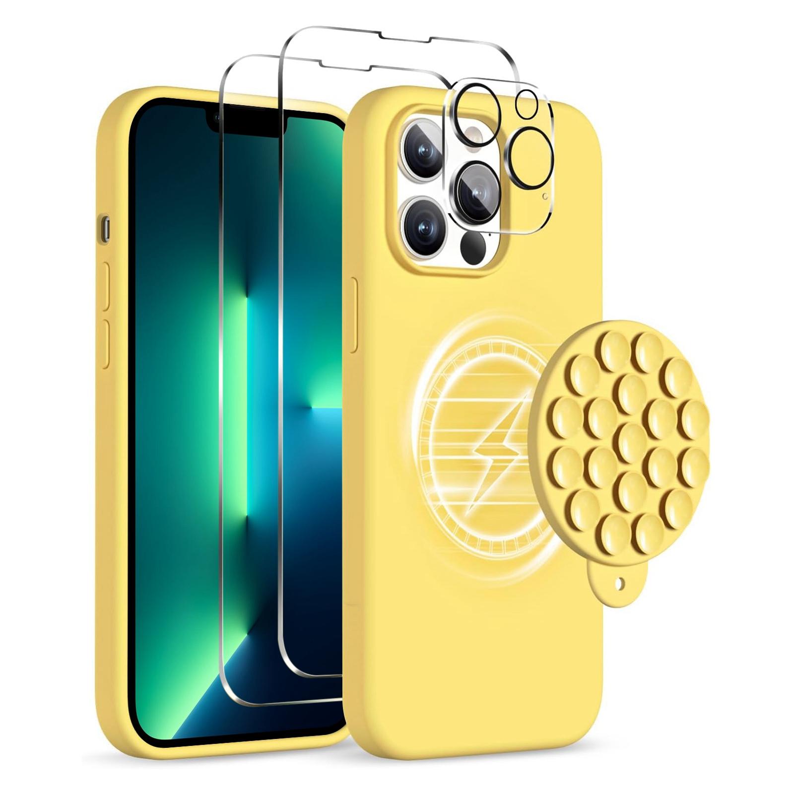 For iPhone 13 Pro Max Silicone Suction Cup MagSafe Phone Case with Screen Film & Lens Film(Yellow) - Shopkiz.com