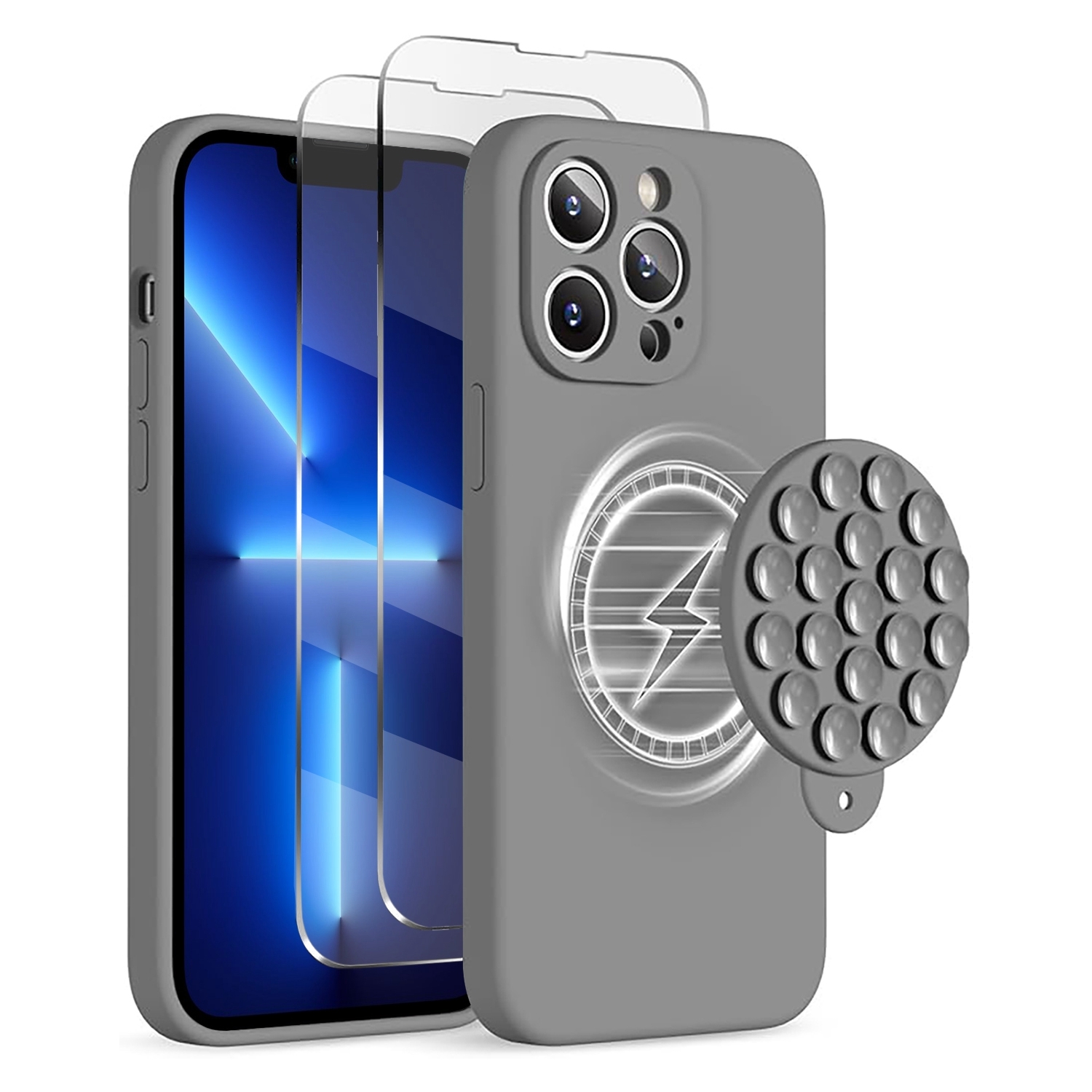 For iPhone 13 Pro Silicone Suction Cup MagSafe Phone Case with Screen Film & Lens Film(Grey) - Shopkiz.com