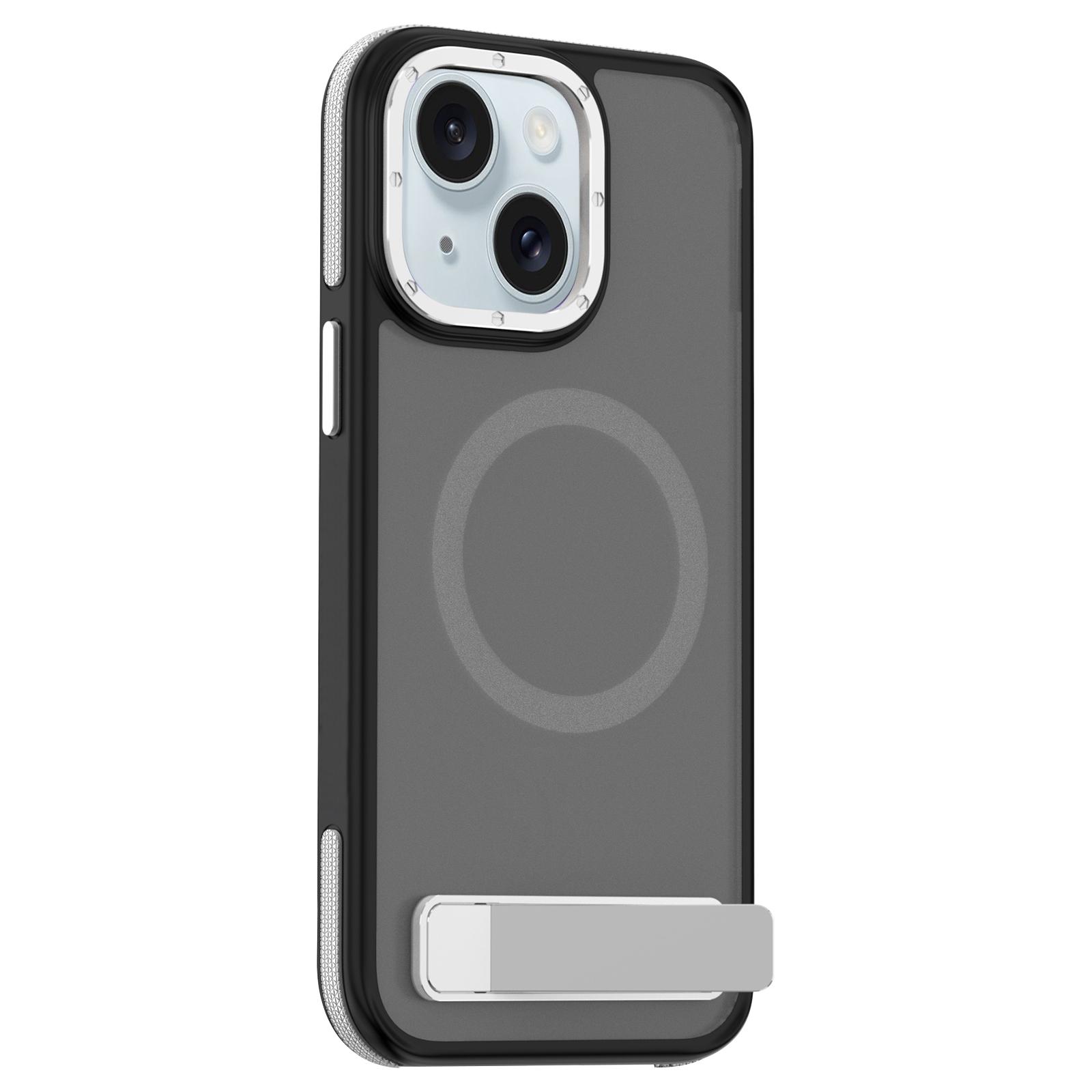 For iPhone 15 Dual-Color Skin Feel Magsafe Phone Case with Holder(Grey) - Shopkiz.com