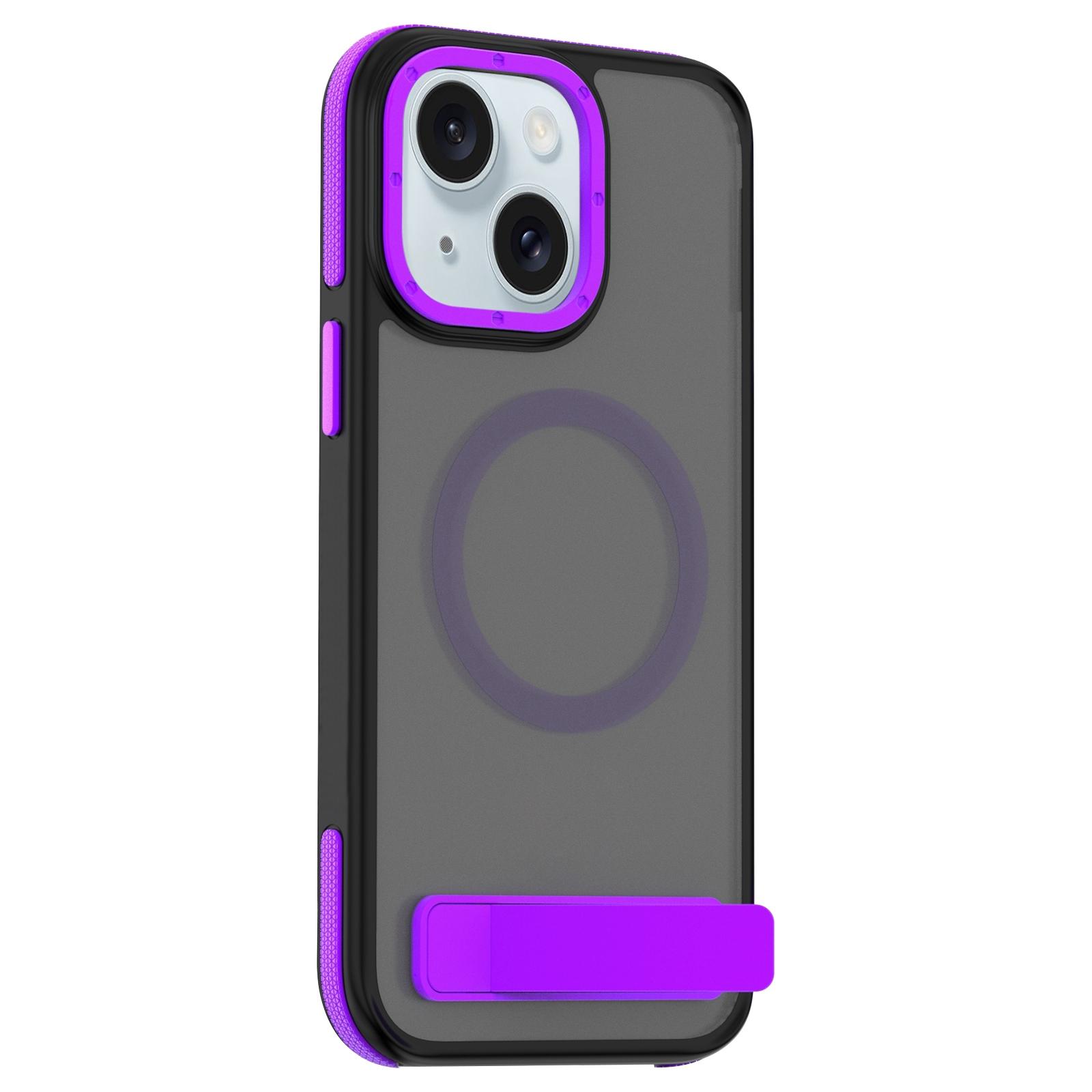 For iPhone 15 Dual-Color Skin Feel Magsafe Phone Case with Holder(Purple) - Shopkiz.com