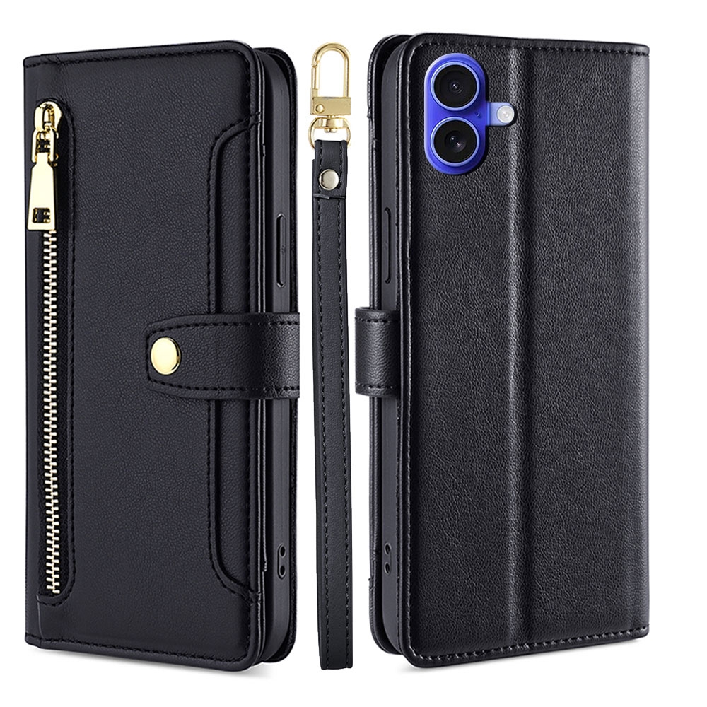 For iPhone 16 Sheep Texture Cross-body Zipper Wallet Leather Phone Case(Black) - Shopkiz.com