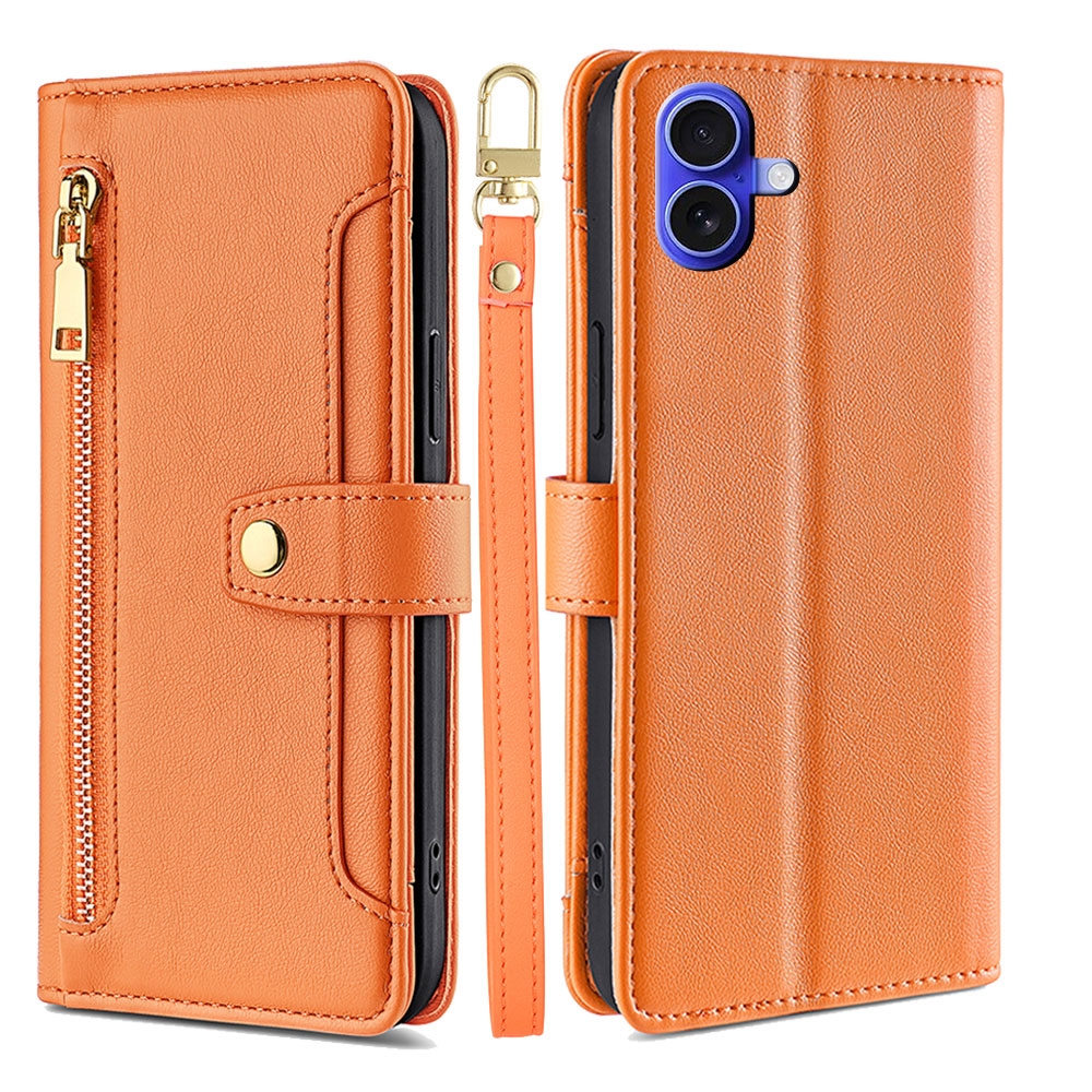 For iPhone 16 Sheep Texture Cross-body Zipper Wallet Leather Phone Case(Orange) - Shopkiz.com