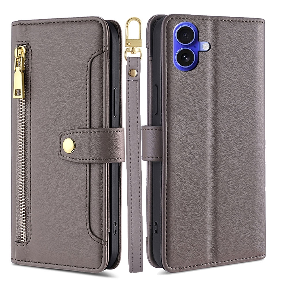 For iPhone 16 Sheep Texture Cross-body Zipper Wallet Leather Phone Case(Grey) - Shopkiz.com