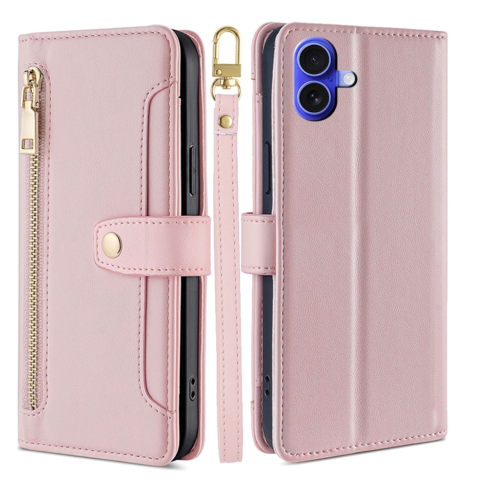 For iPhone 16 Plus Sheep Texture Cross-body Zipper Wallet Leather Phone Case(Pink) - Shopkiz.com