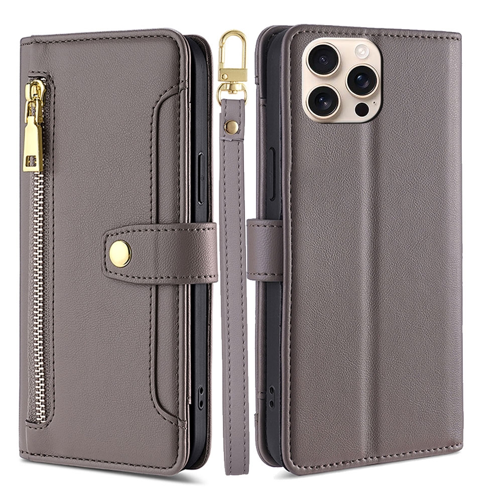 For iPhone 16 Pro Sheep Texture Cross-body Zipper Wallet Leather Phone Case(Grey) - Shopkiz.com