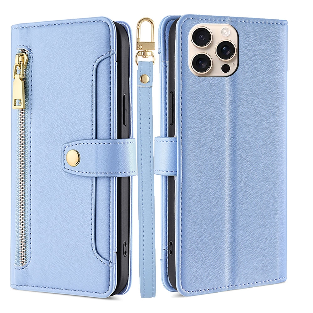 For iPhone 16 Pro Max Sheep Texture Cross-body Zipper Wallet Leather Phone Case(Blue) - Shopkiz.com