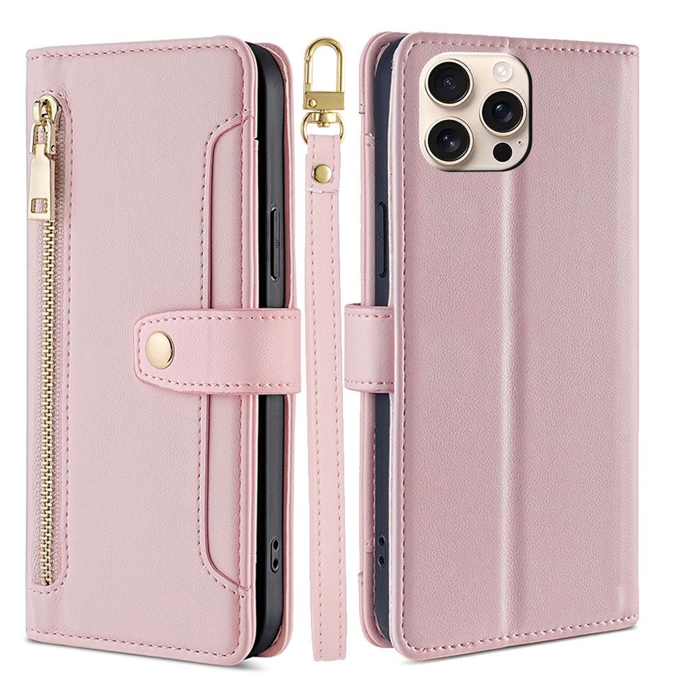 For iPhone 16 Pro Max Sheep Texture Cross-body Zipper Wallet Leather Phone Case(Pink) - Shopkiz.com