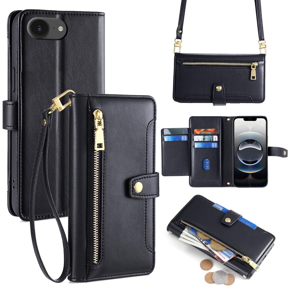 For iPhone 17e / 16e Sheep Texture Cross-body Zipper Wallet Leather Phone Case(Black) - Shopkiz.com