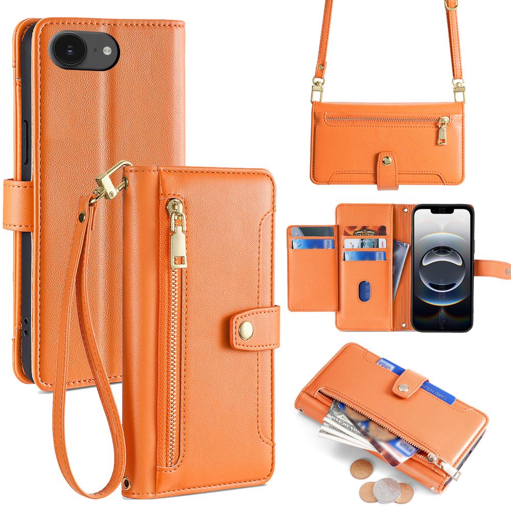 For iPhone 17e / 16e Sheep Texture Cross-body Zipper Wallet Leather Phone Case(Orange) - Shopkiz.com