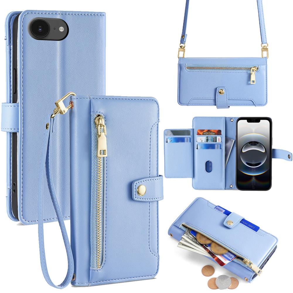 For iPhone 17e / 16e Sheep Texture Cross-body Zipper Wallet Leather Phone Case(Blue) - Shopkiz.com