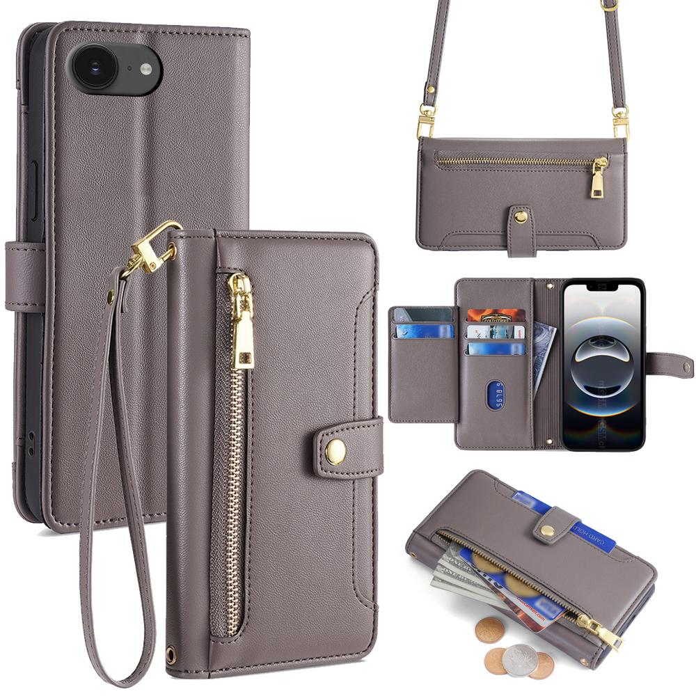 For iPhone 17e / 16e Sheep Texture Cross-body Zipper Wallet Leather Phone Case(Grey) - Shopkiz.com