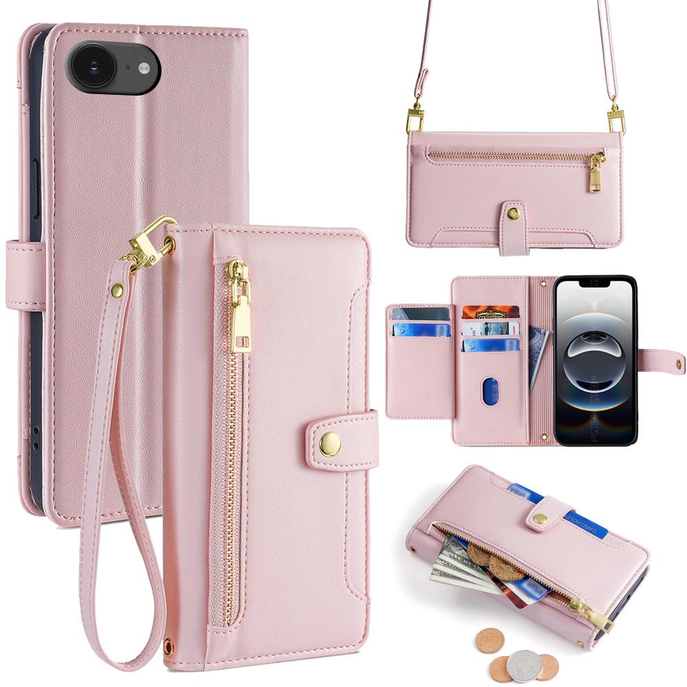 For iPhone 17e / 16e Sheep Texture Cross-body Zipper Wallet Leather Phone Case(Pink) - Shopkiz.com