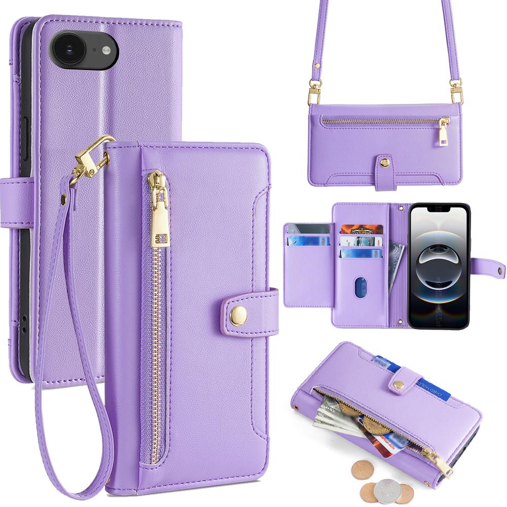 For iPhone 17e / 16e Sheep Texture Cross-body Zipper Wallet Leather Phone Case(Purple) - Shopkiz.com