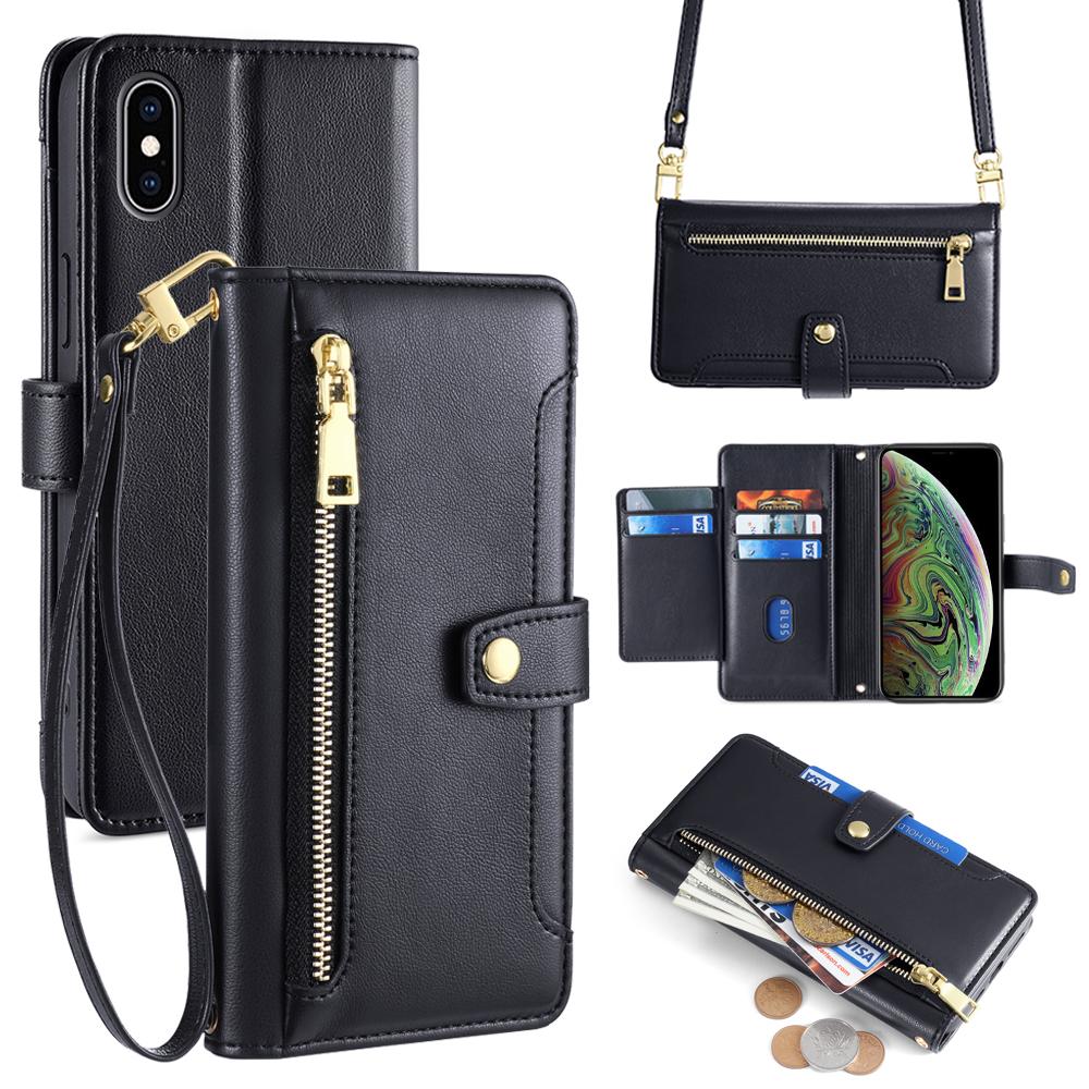 For iPhone XS Max Sheep Texture Cross-body Zipper Wallet Leather Phone Case(Black) - Shopkiz.com