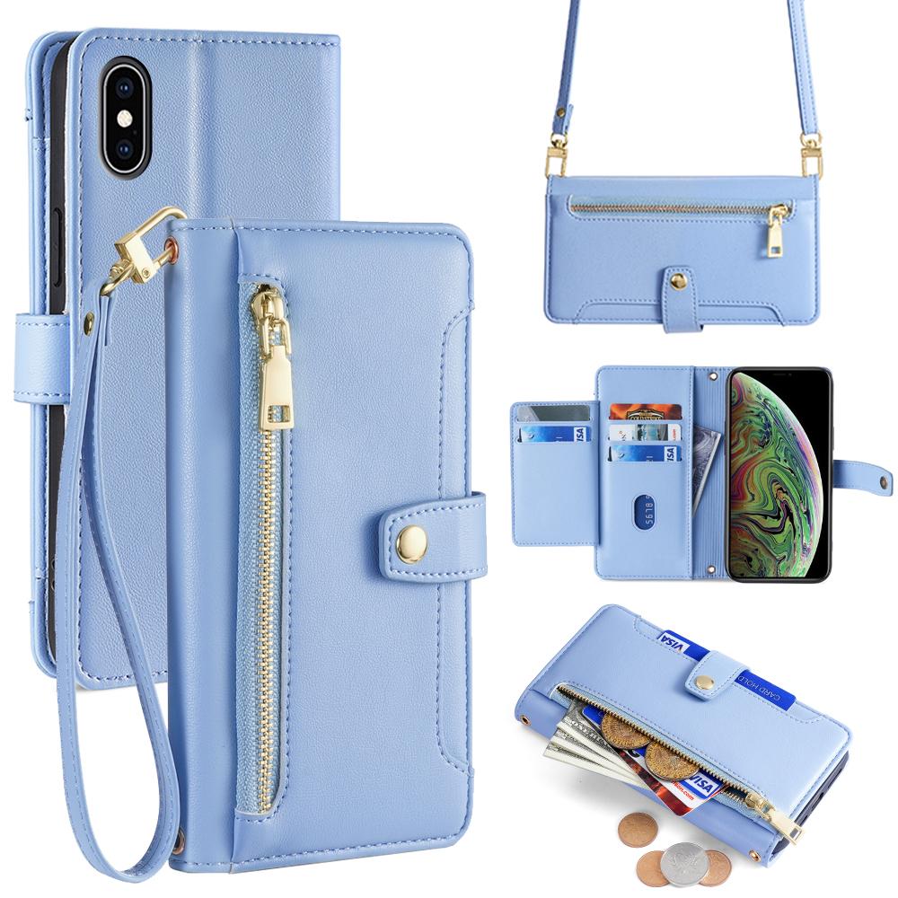 For iPhone XS Max Sheep Texture Cross-body Zipper Wallet Leather Phone Case(Blue) - Shopkiz.com