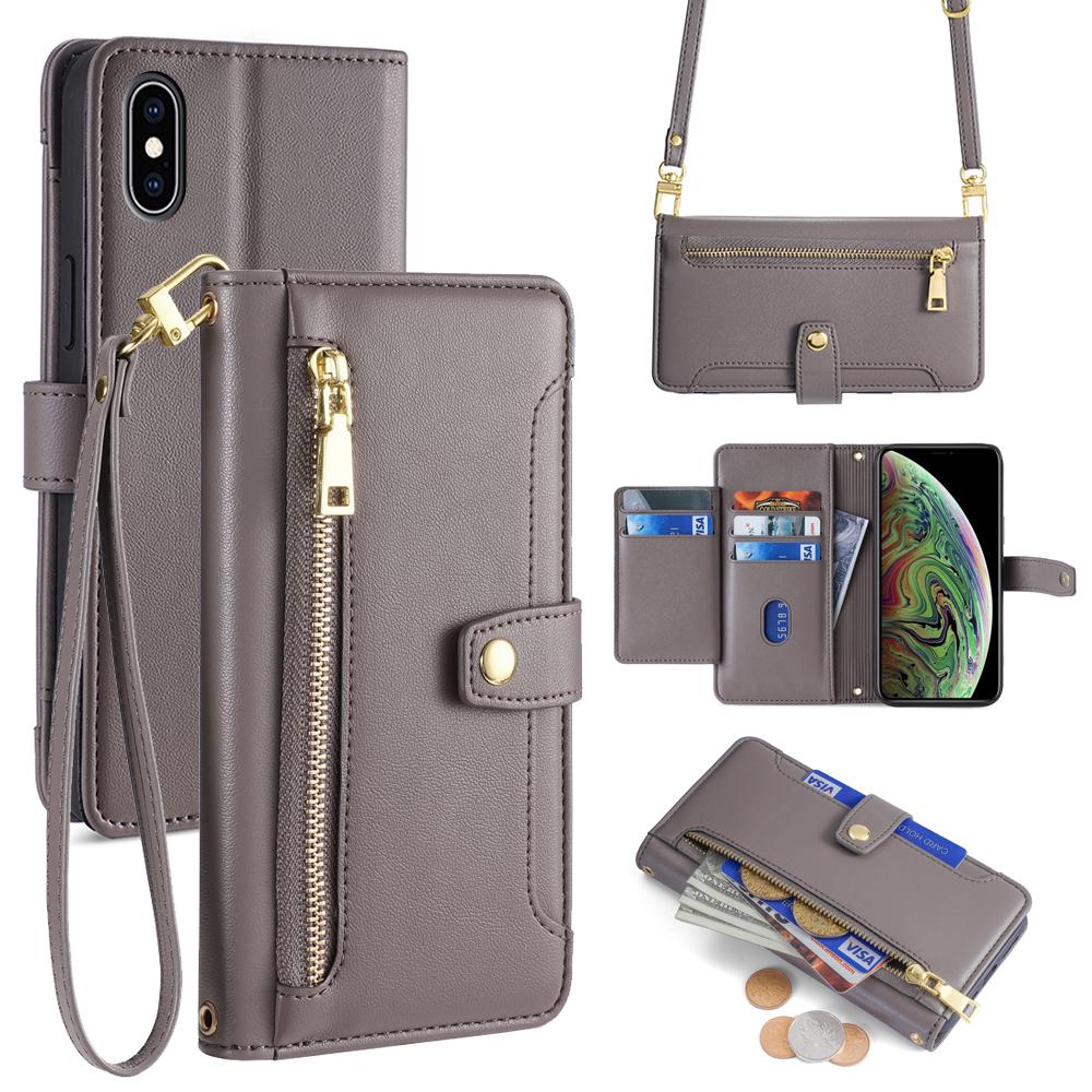For iPhone XS Max Sheep Texture Cross-body Zipper Wallet Leather Phone Case(Grey) - Shopkiz.com