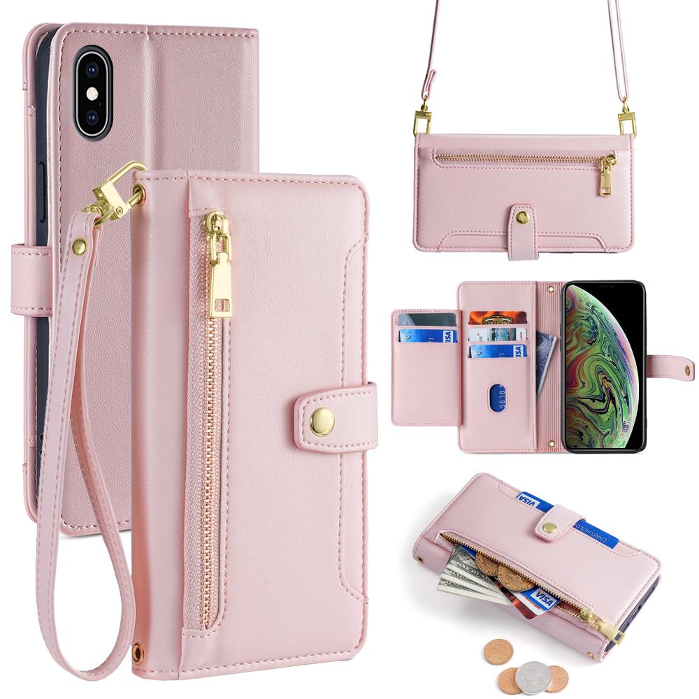 For iPhone XS Max Sheep Texture Cross-body Zipper Wallet Leather Phone Case(Pink) - Shopkiz.com