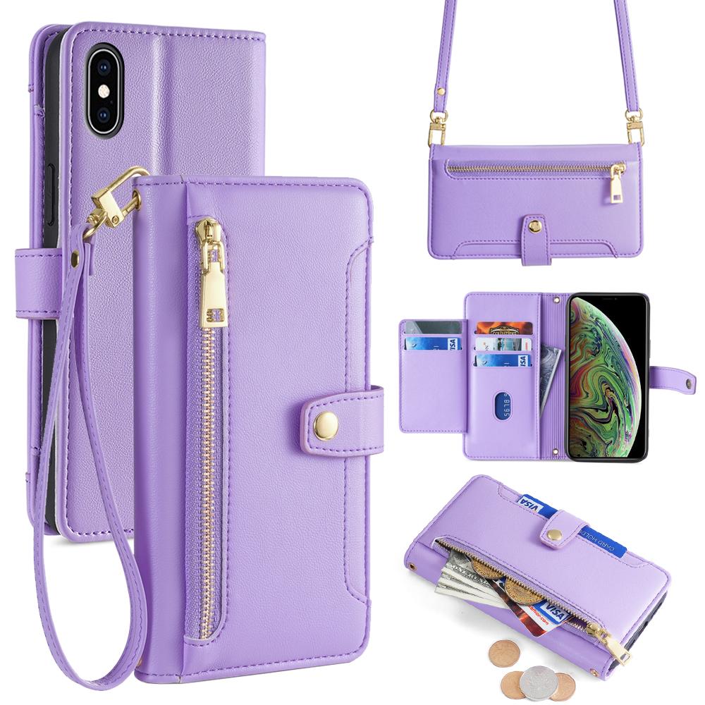 For iPhone XS Max Sheep Texture Cross-body Zipper Wallet Leather Phone Case(Purple) - Shopkiz.com