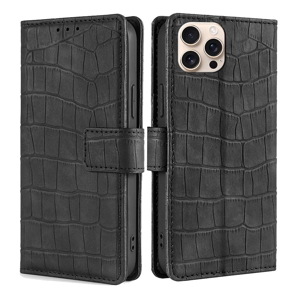 For iPhone 16 Pro Skin Feel Crocodile Magnetic Clasp Leather Phone Case(Black) - Shopkiz.com