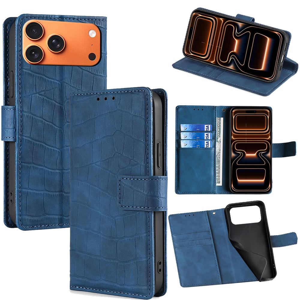For iPhone 17 Pro Max Skin Feel Crocodile Magnetic Clasp Leather Phone Case(Blue) - Shopkiz.com