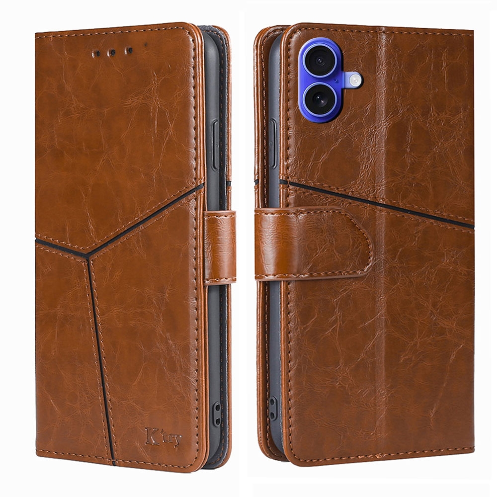 For iPhone 16 Geometric Stitching Leather Phone Case(Light Brown) - Shopkiz.com