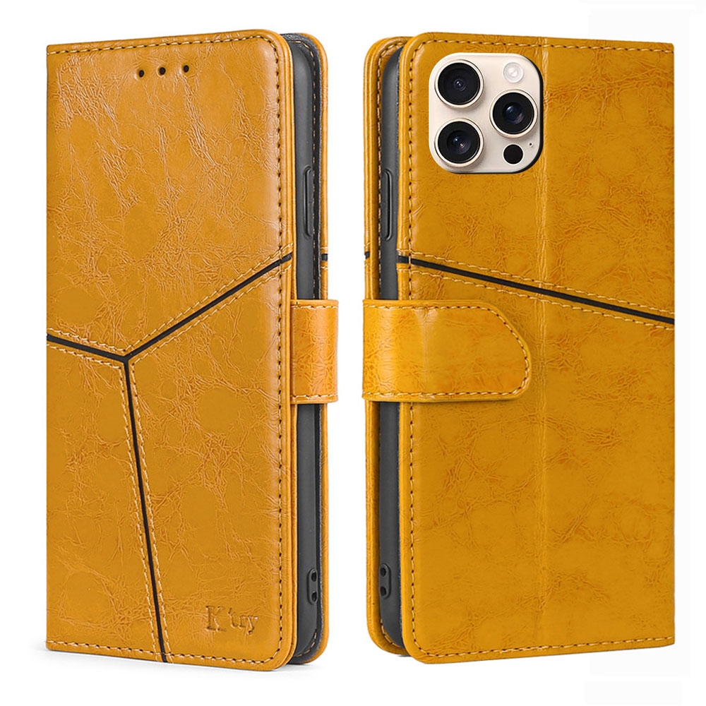 For iPhone 16 Pro Geometric Stitching Leather Phone Case(Yellow) - Shopkiz.com