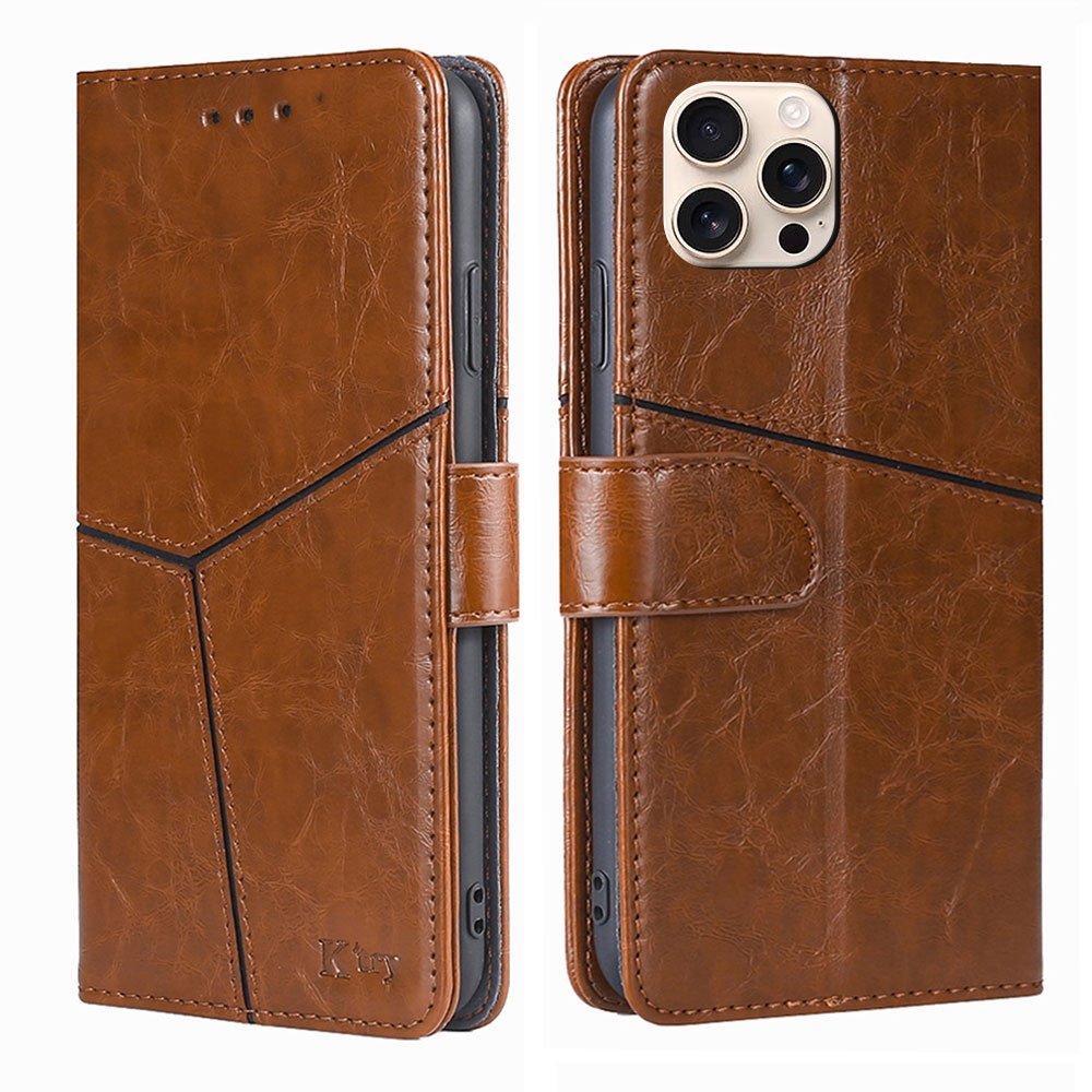 For iPhone 16 Pro Geometric Stitching Leather Phone Case(Light Brown) - Shopkiz.com