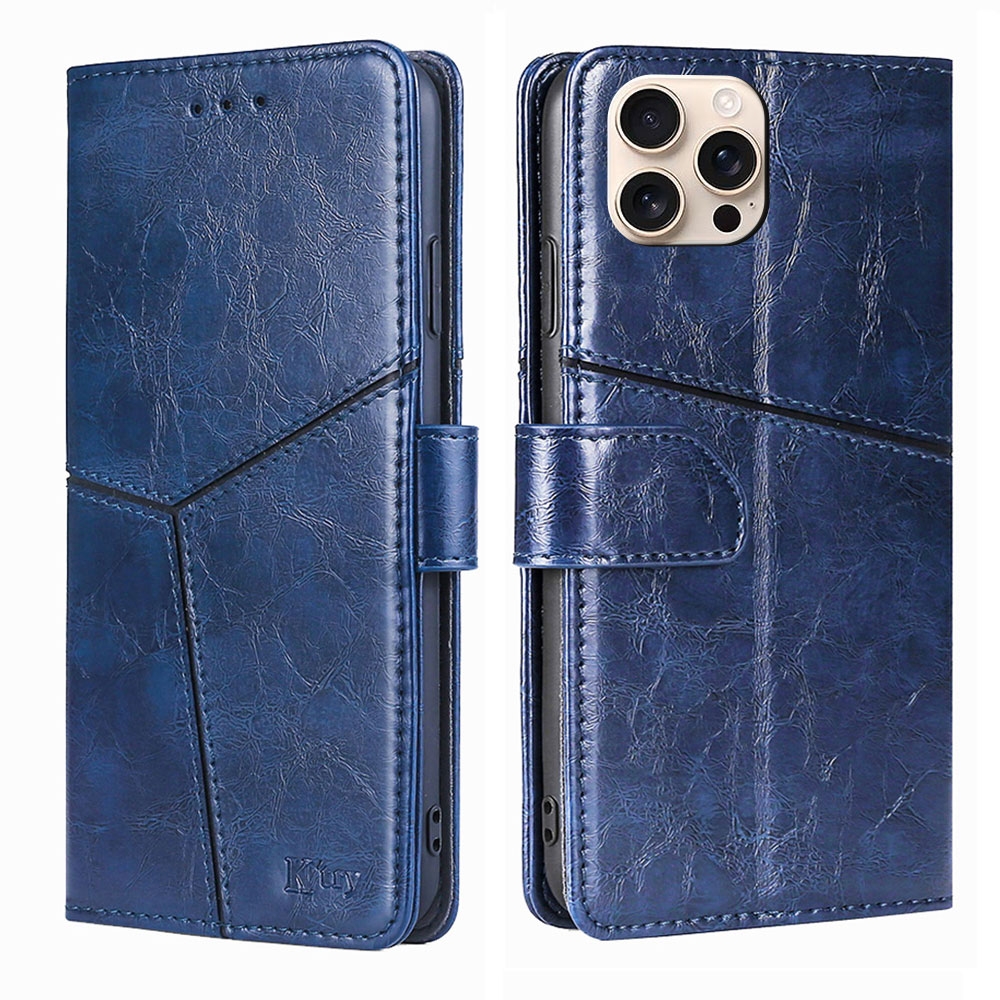 For iPhone 16 Pro Max Geometric Stitching Leather Phone Case(Blue) - Shopkiz.com