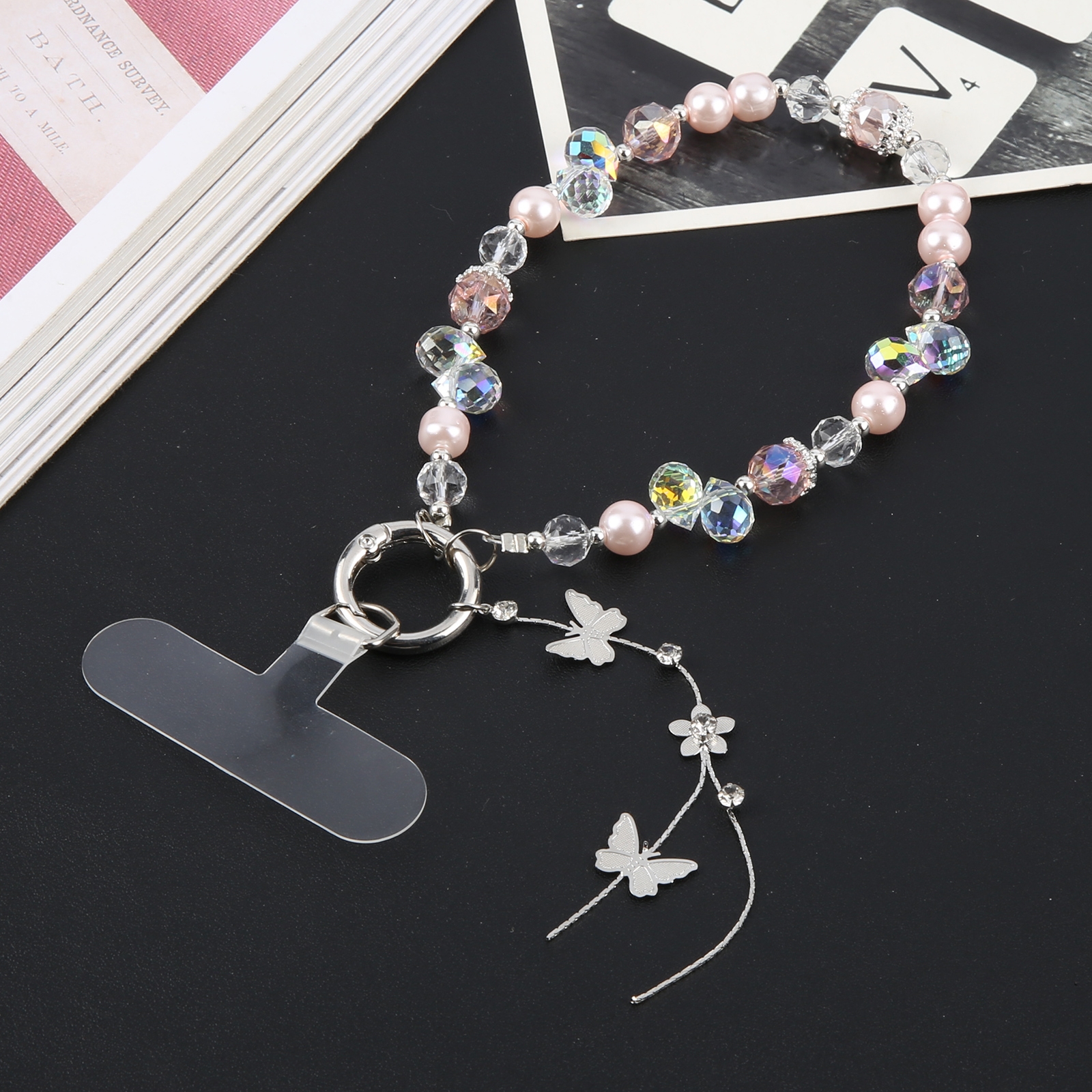 Alloy Butterfly Beaded Bracelet Anti-Lost Phone Short Lanyard(Pink) - Shopkiz.com