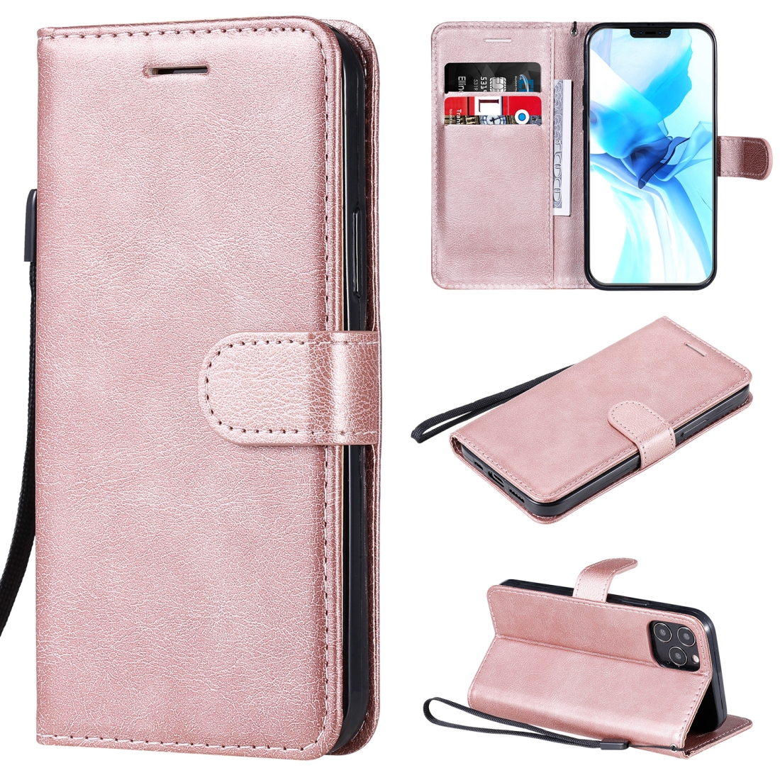 For iPhone 12 / 12 Pro Solid Color Horizontal Flip Protective Leather Case with Holder & Card Slots & Wallet & Photo Frame & Lanyard(Rose Gold) -
