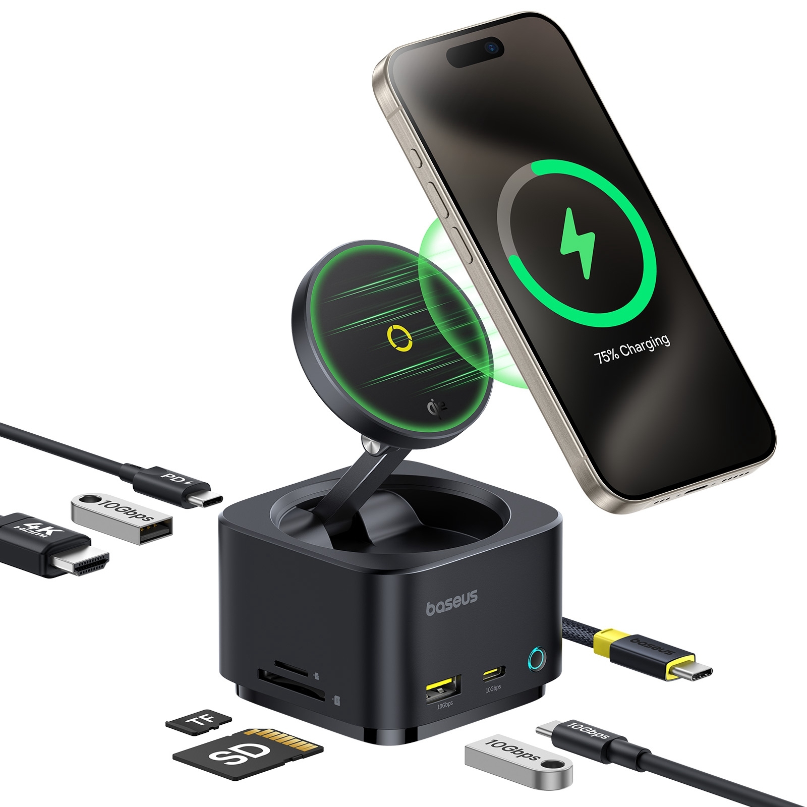 Baseus MagPro Series II 7 in 1 HUB Docking Station Magnetic Wireless Charger 15W(Black) - Shopkiz.com
