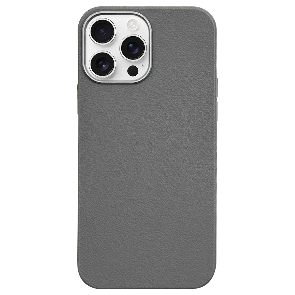 For iPhone 16 Pro Max Litchi Pattern Silver Edge Camera Frame Material Phone Case(Grey) - Shopkiz.com