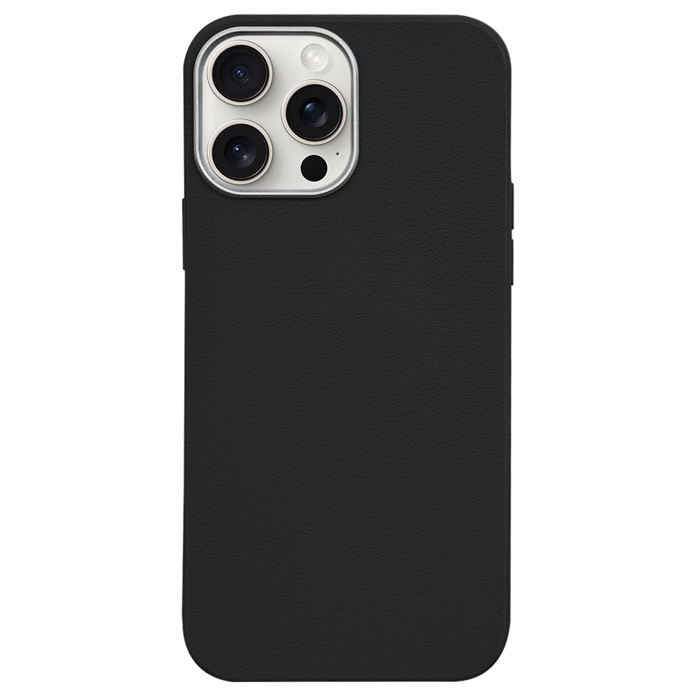 For iPhone 15 Pro Max Litchi Pattern Silver Edge Camera Frame Material Phone Case(Black) - Shopkiz.com
