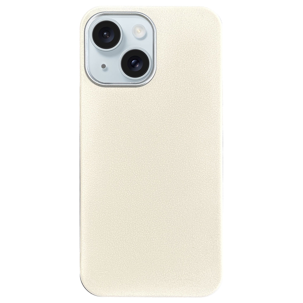 For iPhone 15 Plus Litchi Pattern Silver Edge Camera Frame Material Phone Case(White) - Shopkiz.com