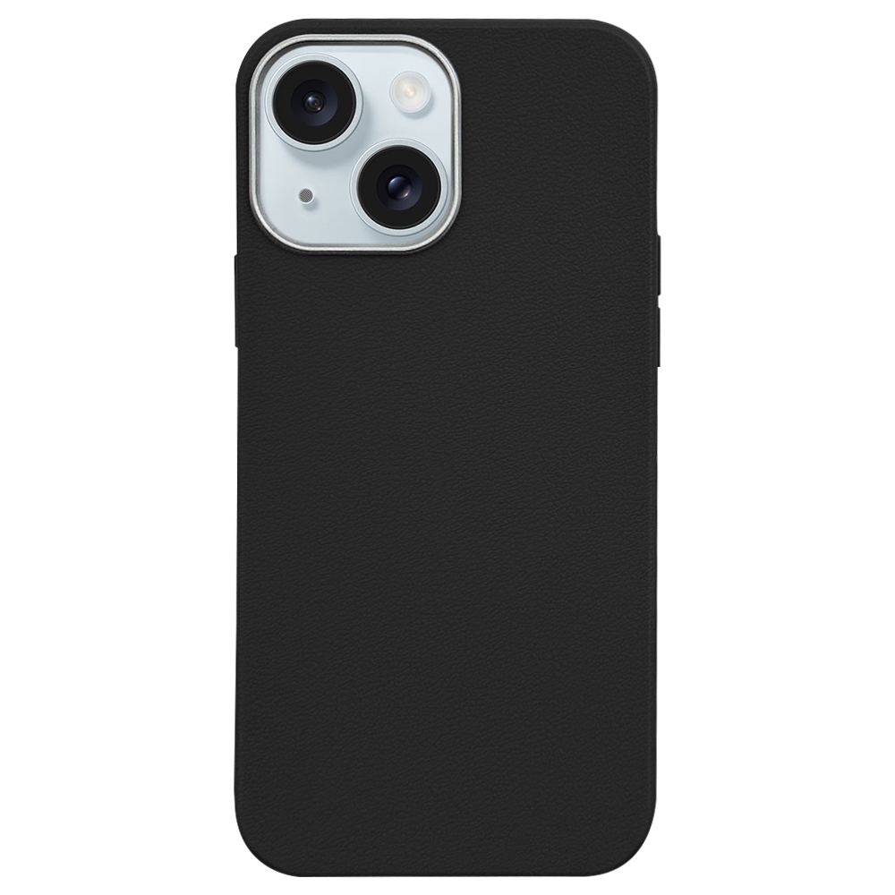 For iPhone 15 Plus Litchi Pattern Silver Edge Camera Frame Material Phone Case(Black) - Shopkiz.com
