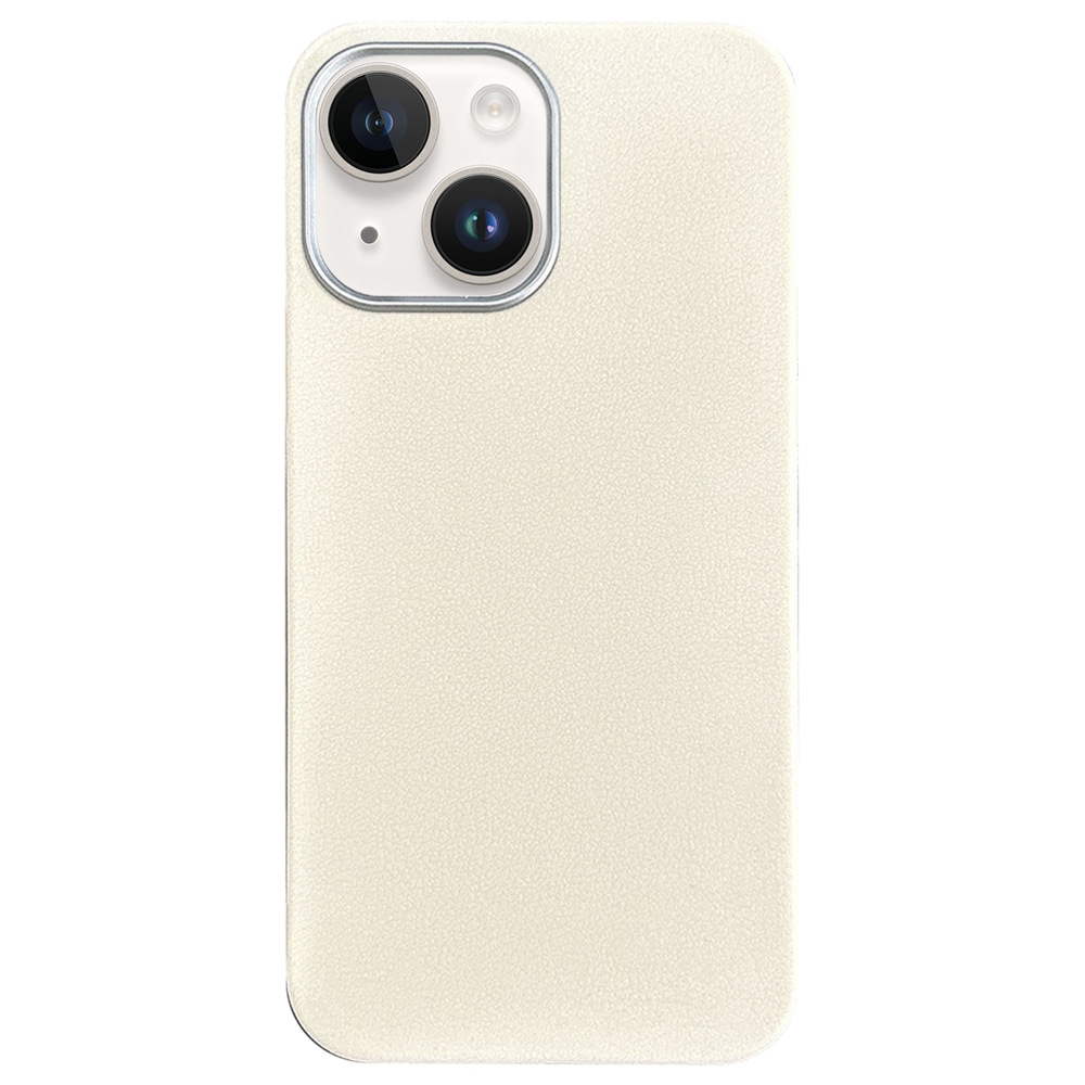 For iPhone 14 Plus Litchi Pattern Silver Edge Camera Frame Material Phone Case(White) - Shopkiz.com