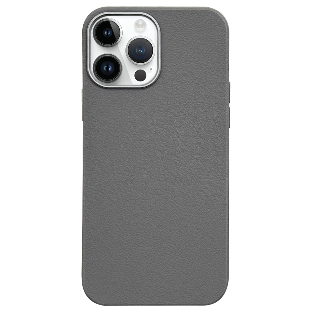 For iPhone 14 Pro Max Litchi Pattern Silver Edge Camera Frame Material Phone Case(Grey) - Shopkiz.com