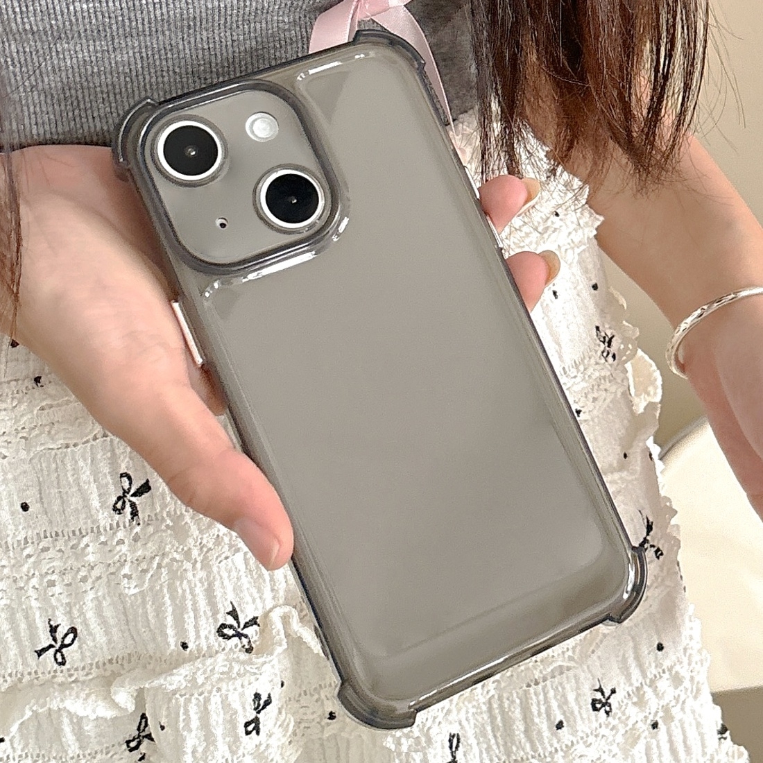 For iPhone 15 Transparent Four-corner Shockproof TPU Phone Case(Black) - Shopkiz.com