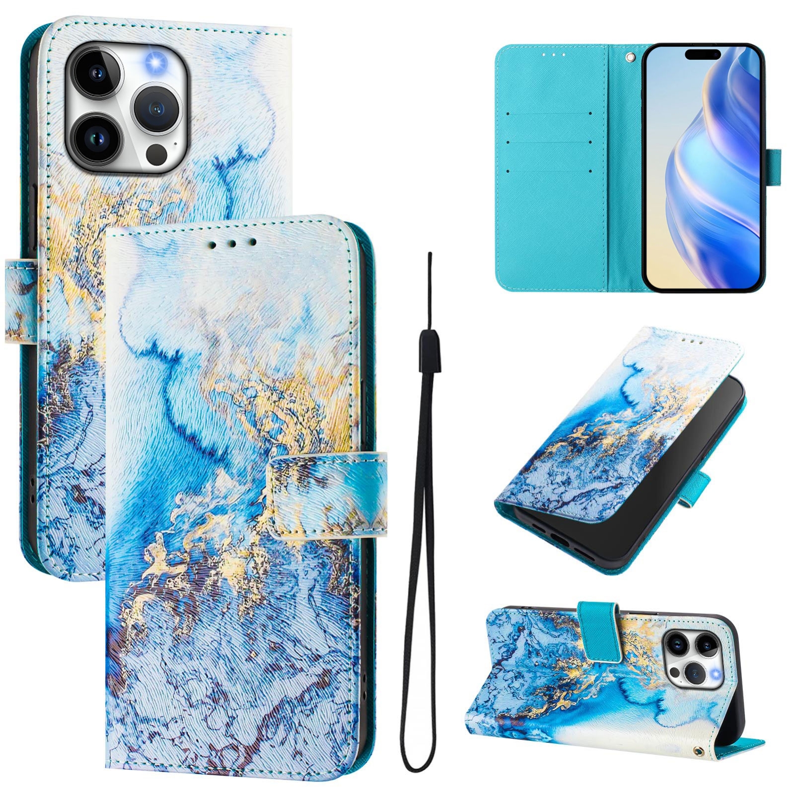 For iPhone 16 Pro Max Art Colored Drawing Pattern Leather Phone Case(Ocean marble) - Shopkiz.com