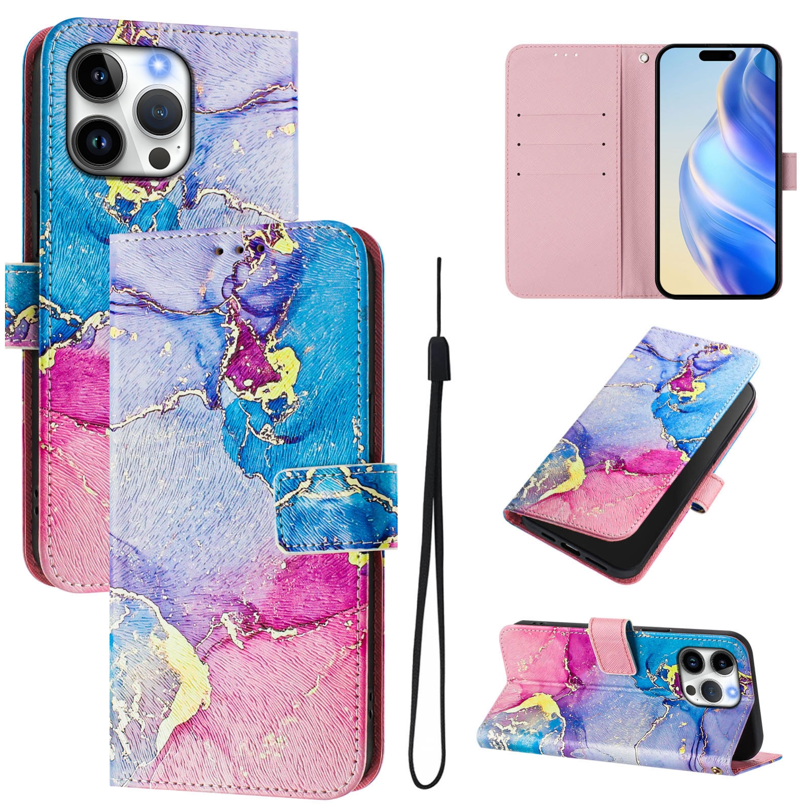 For iPhone 16 Pro Art Colored Drawing Pattern Leather Phone Case(Colorful marble) - Shopkiz.com