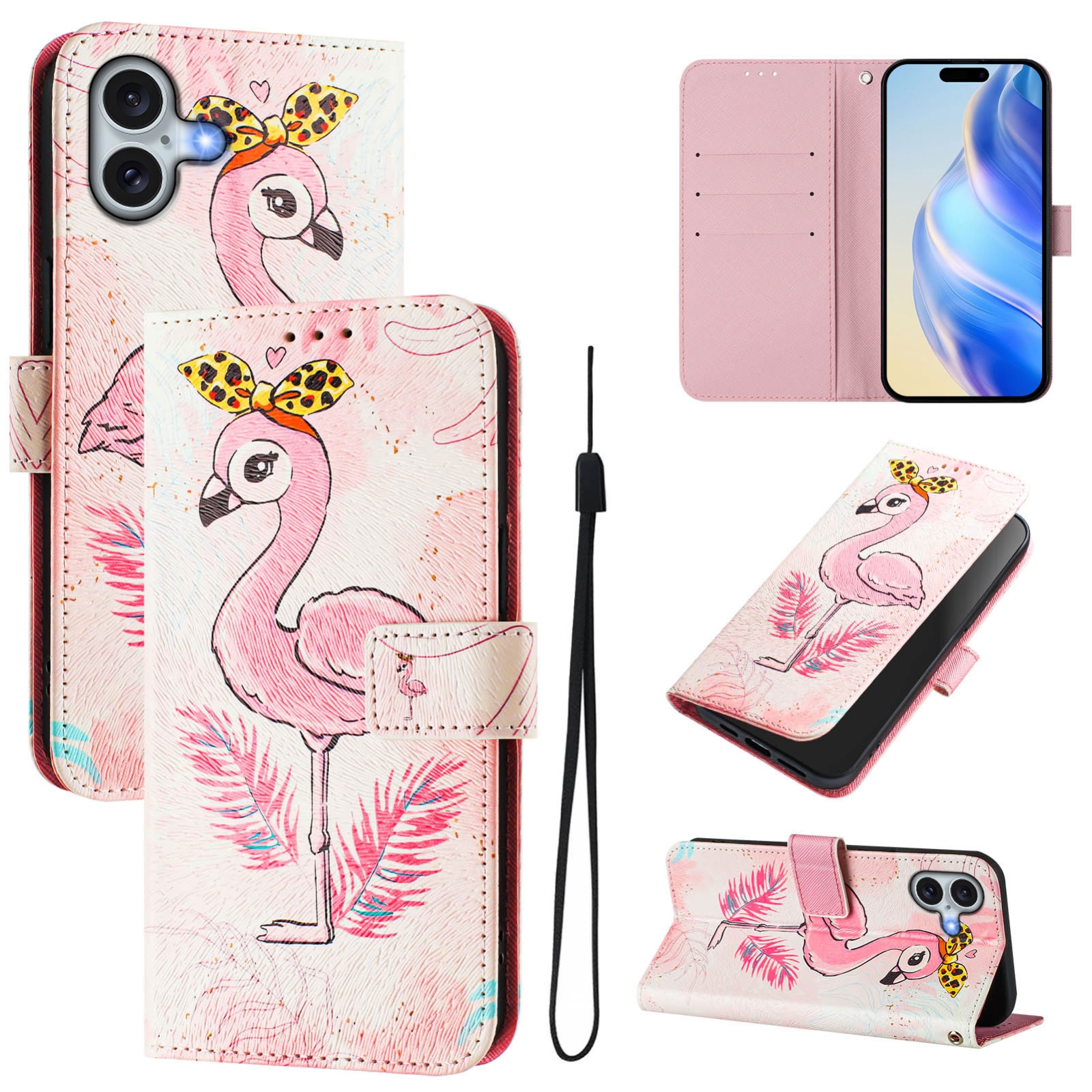 For iPhone 16 Plus Art Colored Drawing Pattern Leather Phone Case(Flamingo) - Shopkiz.com