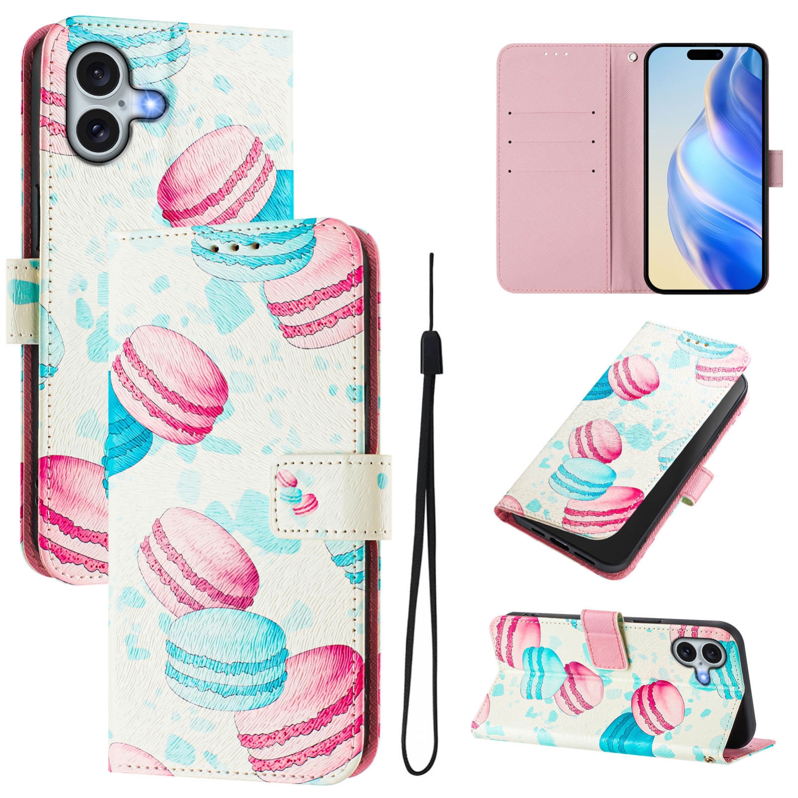 For iPhone 16 Plus Art Colored Drawing Pattern Leather Phone Case(Cake) - Shopkiz.com
