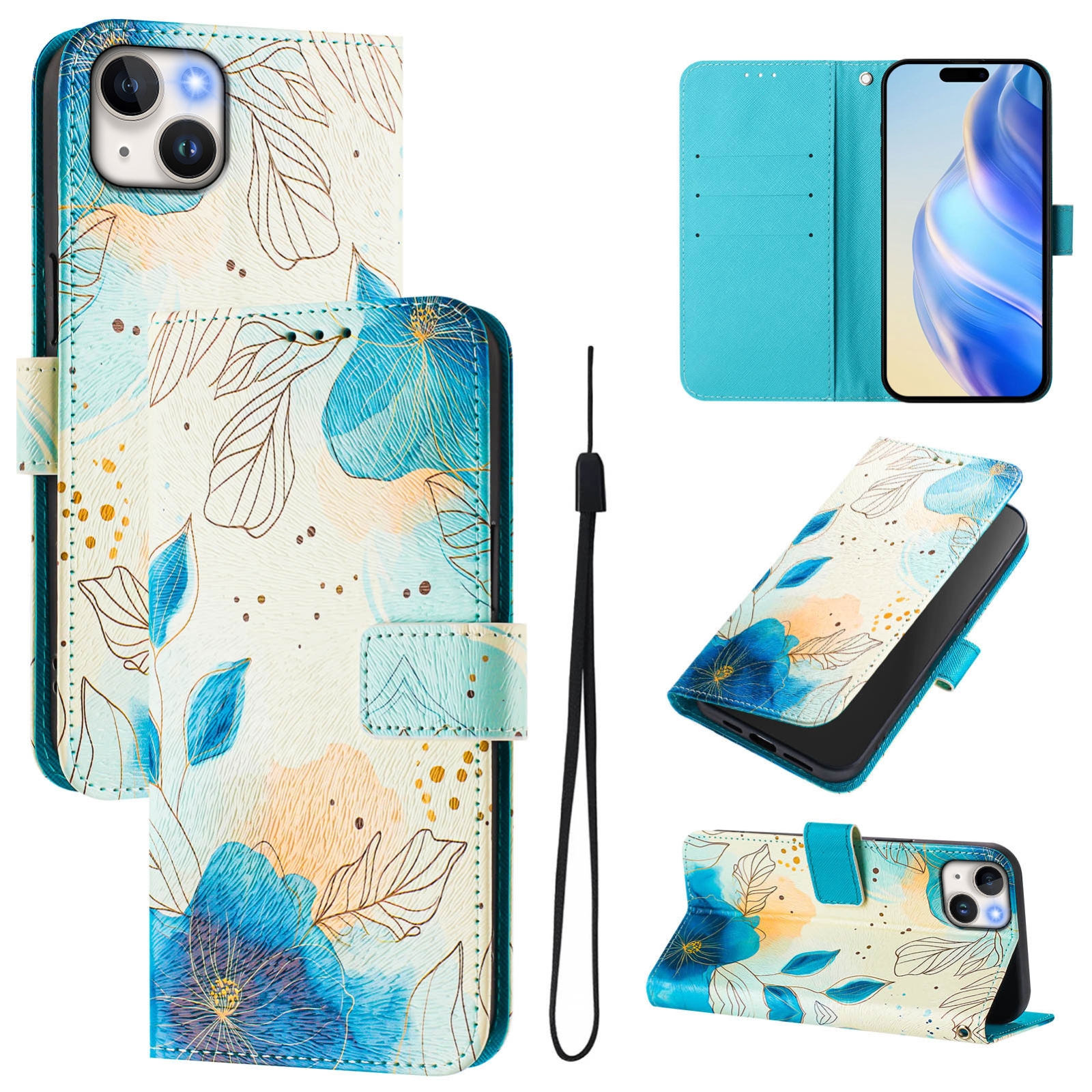 For iPhone 15 Art Colored Drawing Pattern Leather Phone Case(Flowering flowers) - Shopkiz.com